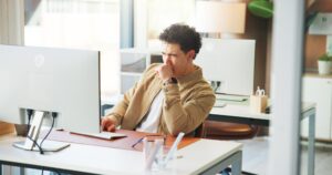 business tired man office yawn computer with deadline column person exhausted journalist with pc overworked sleepy with fatigue online review low energy with burnout 590464 548969