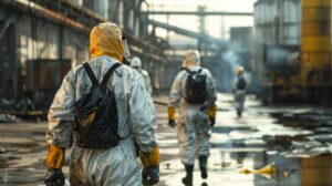 collection hazardous waste scene showing workers protective gear collecting hazardous waste from industrial site emphasizing safety measures dangerous nature waste 41097 24577
