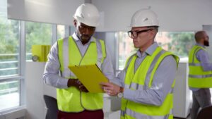 diverse engineers discussing with clipboard office 867394 2195