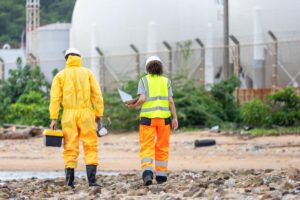 environmental workers inspecting industrial site team protective gear surveying contaminated area engineers assessing safety chemical plant 1032820 7909