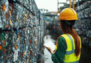 female worker inspecting recycling materials industrial facility 1275033 11388