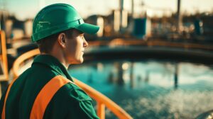 focused worker green safety gear observing wastewater treatment facility golden hour 34926 7594