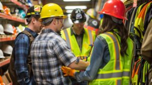 group workers safety gear store trying different sizes types helmets safety 216520 101994