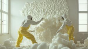 hazardous material cleanup asbestos removal damaged building is being performed by two workers protective suits masks 854723 91276