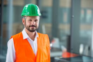 man standing site office wearing green hard hat orange safety vest against glass partitions 13339 381878 1