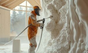 man worker spraying polyurethane foam inside future cottage 1213709 4600
