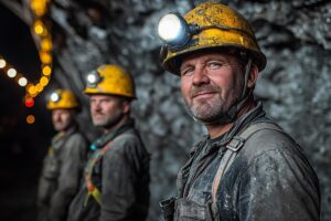 miners posing underground tunnel wearing helmets headlamps 406939 54026