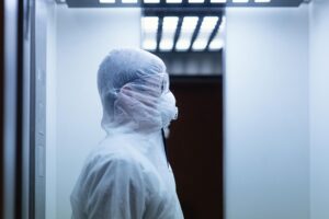 person wearing prevention suit against bio hazard