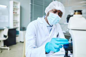 portrait focused black man wearing face mask while doing research medical laboratory 236854 46109