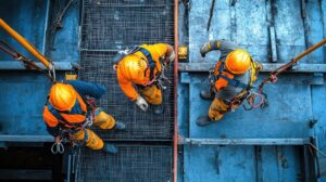 three workers safety gear industrial platform 282218 112043