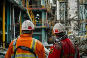 two men orange red safety gear are standing each other 1067477 21183