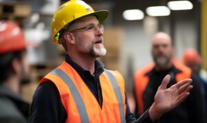 warehouse supervisor conducting safety briefing with team 1160231 39113