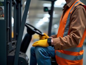 warehouse worker operating large industrial forklift move heavy boxes 73070 4952