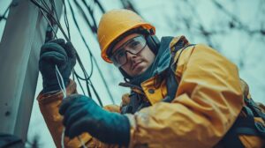 wearing rubber gloves flameresistant clothes as protective gear linemen work telephone lines 28914 80591