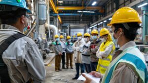 wide shot training session factory workers all wearing safety gear with trainer demonstrating how use piece equipment workers are paying attention taking notes 73899 32435 1