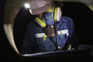worker male mask into tank oil area inspection record tank confined space safety 478515 2478