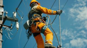 worker who is cleaning walls building worker was wearing safety equipment safety harness 1082794 11401