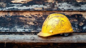 worn yellow hard hat resting rustic wooden surface indicates hard days work construction site 349938 11329