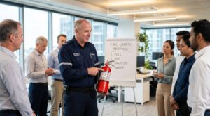 fire safety instructor demonstrating how use extinguisher diverse office employees corporate workplace emergency preparedness training session with whiteboard 788189 21629